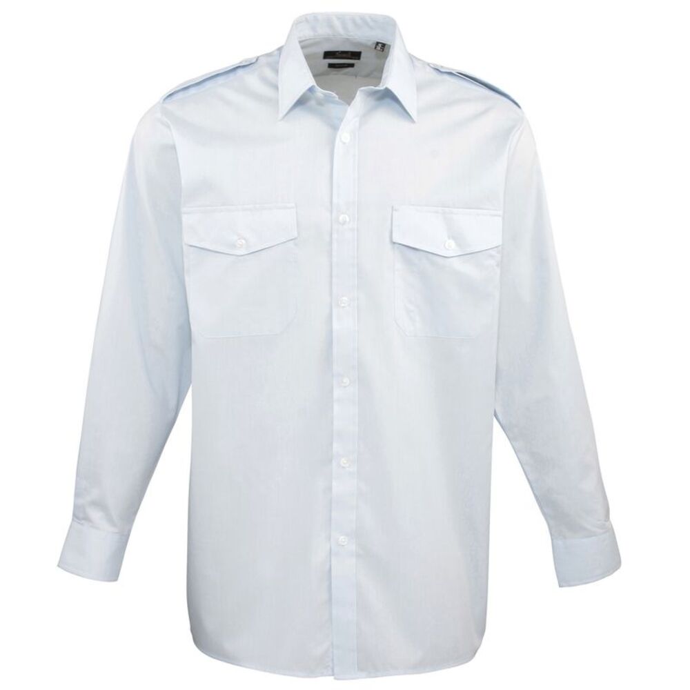 Premier Mens Long Sleeve Pilot Plain Work Shirt / Light Blue